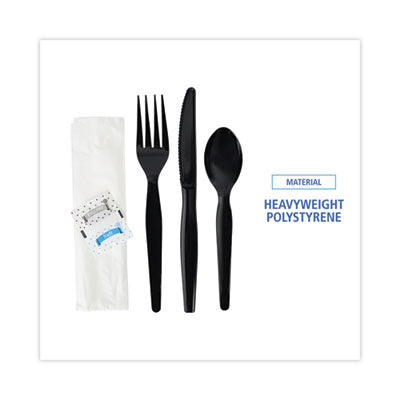 Six-Piece Cutlery Kit, Condiment/Fork/Knife/Napkin/Spoon, Heavyweight,, 250/Carton Color- Black & White