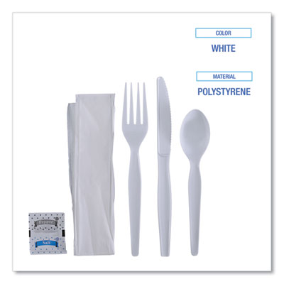 Six-Piece Cutlery Kit, Condiment/Fork/Knife/Napkin/Spoon, Heavyweight,, 250/Carton Color- Black & White