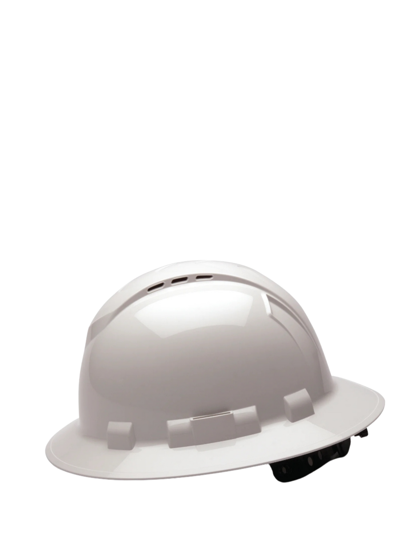 WHITE FULL BRIM VENTED HARD HAT, 4-POINT RATCHET SUSPENSION